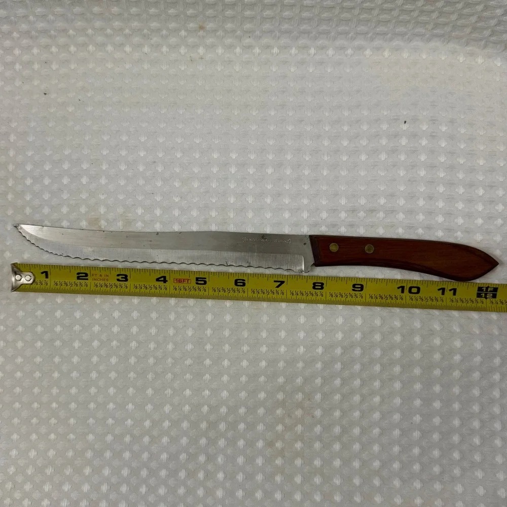 VTG Ekco Stainless USA Serrated Utility/Bread Knife Wood Handle Brass Rivets